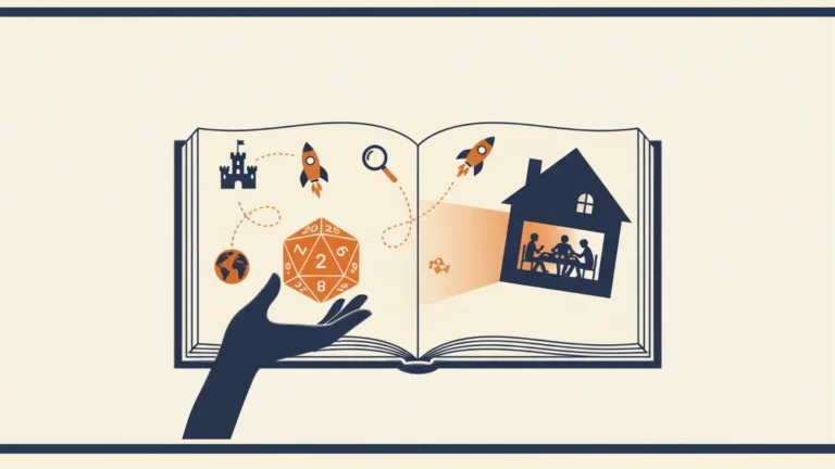 Image d'illustration : La main de Studio712 offrant un dé de jeu de rôle D20 vers une maison où des amis jouent, symbolisant le JDR à domicile et accessible à tous.